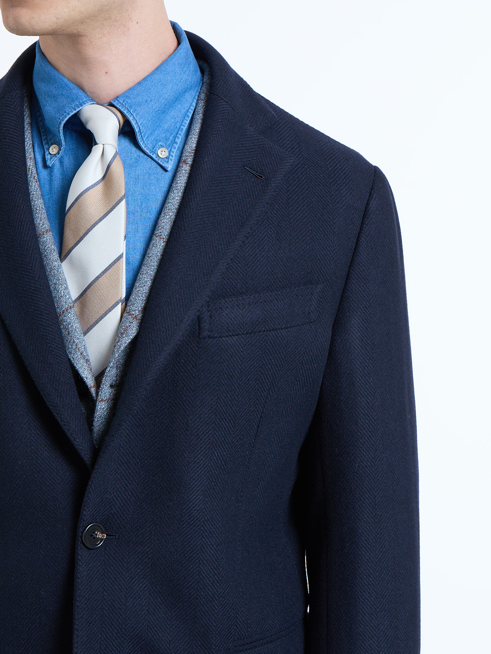 SINGLE-BREASTED WOOL/CASHMERE HERRINGBONE COAT - BLUE - LUIGI